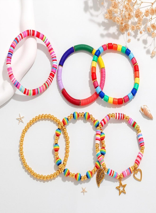 Raicegs Heishi Clay Beaded Bracelets for Women Rainbow Friendship Stretch Bracelets Stackable Boho Summer Beach Surfer Jewelry Set - Image 5